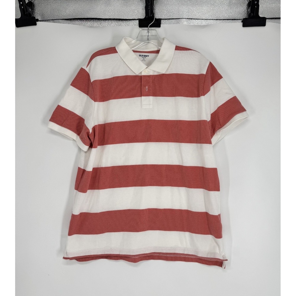 Old Navy Rugby Polo Shirt Mens XL Peach White Striped Golf Go Dry Short Sleeve